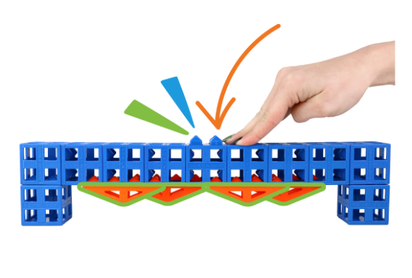 hand putting pressure on a bridge made of Kid Spark blocks